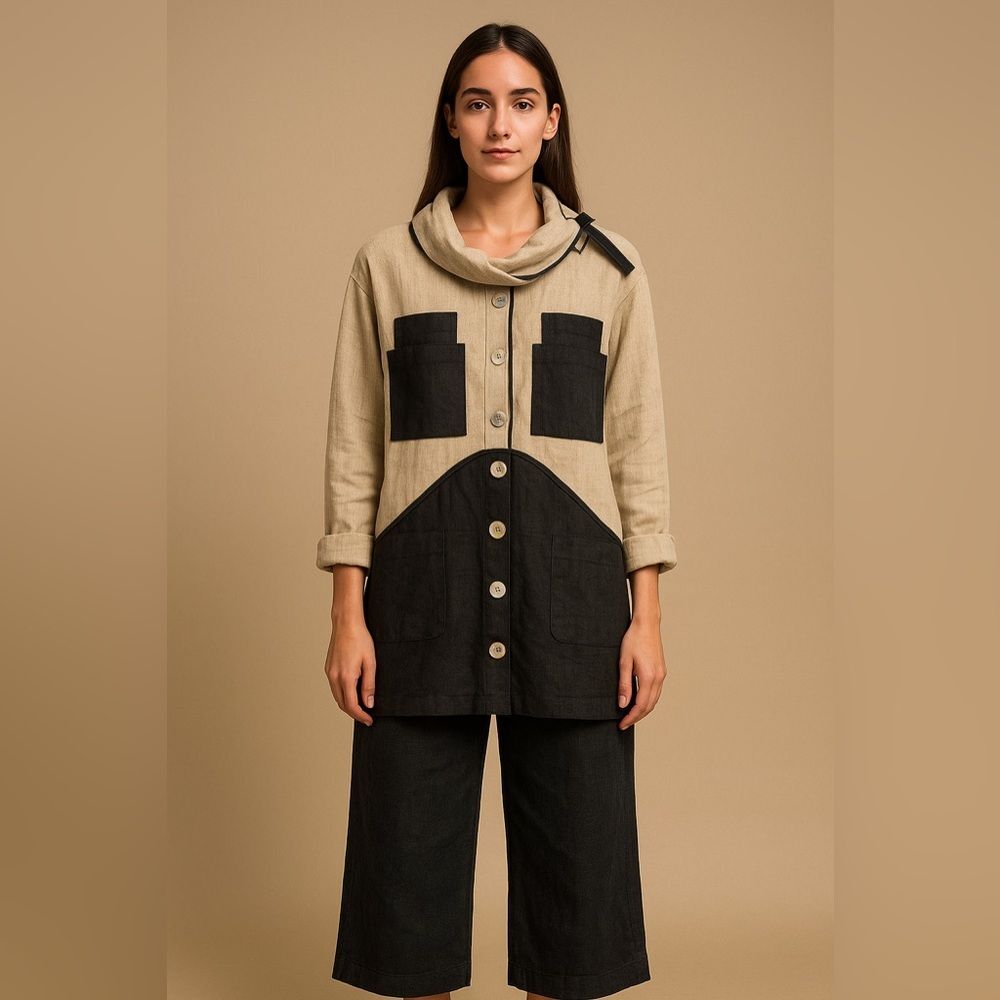 Sheppards Linnen Vintage Layered Langenlook Linen Jacket One Size Beige Black